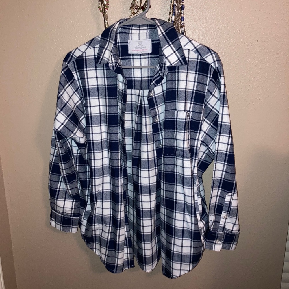 Lauren James Navy Blue/White Plaid Boyfriend Flannel Sz Small